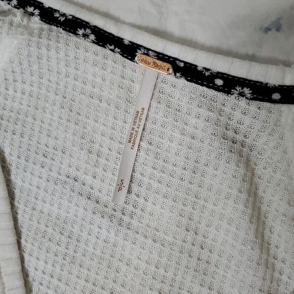 Free People Auxton Thermal Waffle  White and Black Wrap Top with Floral Sleeves - Picture 2 of 5